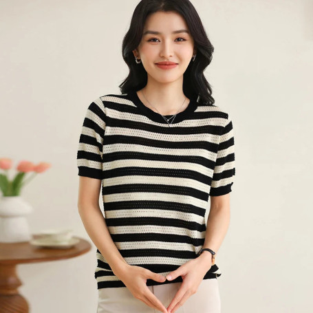 Women's Short Sleeve O-Neck T-Shirt 100 Cotton Knitted Hollow out Basic Fashionable Design Comfortable Fit Casual Top