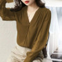 Elegant Summer Gauze Long Sleeve Solid Color Button V-neck Blouses Straight Loose Chiffon Thin Comfortable Women's Clothing 2022