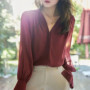 Elegant Summer Gauze Long Sleeve Solid Color Button V-neck Blouses Straight Loose Chiffon Thin Comfortable Women's Clothing 2022