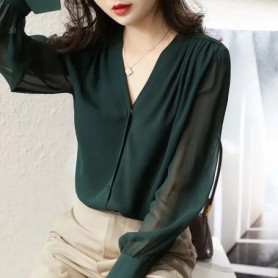 Elegant Summer Gauze Long Sleeve Solid Color Button V-neck Blouses Straight Loose Chiffon Thin Comfortable Women's Clothing 2022