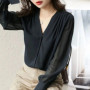 Elegant Summer Gauze Long Sleeve Solid Color Button V-neck Blouses Straight Loose Chiffon Thin Comfortable Women's Clothing 2022