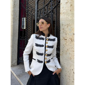 Single-Breasted Printed Contrast Trim Blazer Stand Collar Long Sleeve 2026 Spring Elegant Women Outerwear Military Lady Jacket
