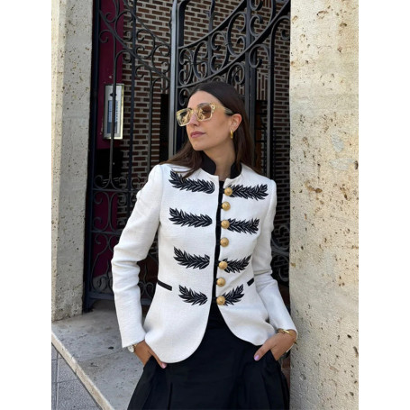 Single-Breasted Printed Contrast Trim Blazer Stand Collar Long Sleeve 2026 Spring Elegant Women Outerwear Military Lady Jacket