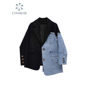 Women Vintage Fashion Blazer Denim Patchwork Jackets 2022 Autumn Winter Irregular Coat Women Long Sleeve Loose Korean Outerwear