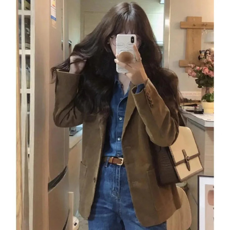 Spring Autumn Women Solid Color Blazer Outwear Female Long Sleeves Corduroy Suit Coat Ladies Single Breasted Buckle Tops Jacket