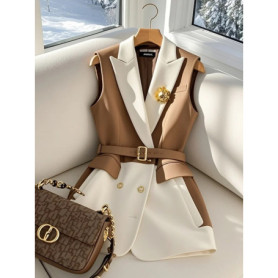 British Fashion Office Lady Coffee Blazers Vest Summer Notched Sleeveless Jackets with Belt Women Temperament Formal Slim Fit