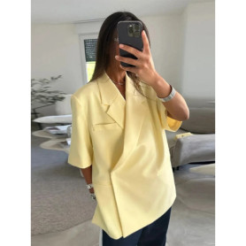 Casual One Button Slit Suit Women Loose Solid Lapel Short Sleeve Pockets Jackets Summer Lady All-match Commute Outwear New