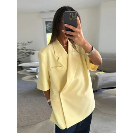 Casual One Button Slit Suit Women Loose Solid Lapel Short Sleeve Pockets Jackets Summer Lady All-match Commute Outwear New