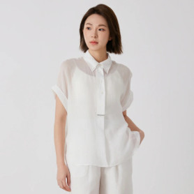 K3133X Women's Polo Collar Short Sleeve Shirt High Quality Linen Blend Fashionable Casual Top for Ladies