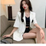 2024 Women's Summer New Patchwork Notched Button Pockets Fashion Solid Color Versatile Minimalist Casual Short Sleeved Blazers