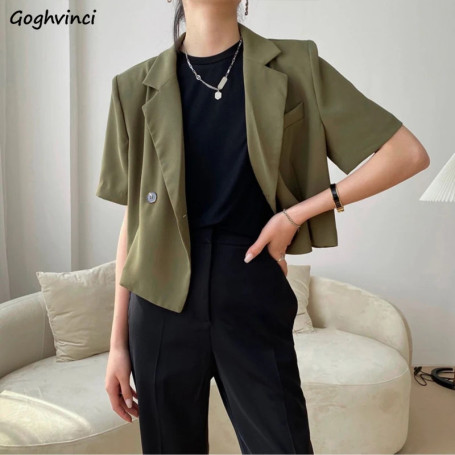 Blazers Women Casual Crop Outwear Summer All-match Korean Style Temperament Short Sleeve Office Lady Streetwear Double Breasted