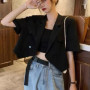 Summer Short Sleeve Irregular Black Blazers Women Fashionable Ulzzang Office Lady Double Breasted Crop Tops Loose Outwear Suits