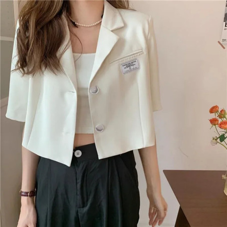 Short Sleeve Blazer Jacket Ladies Summer 2025 New Thin Notched Collar Suit Coat Women Casual Wild Black White Short Outwear Tops