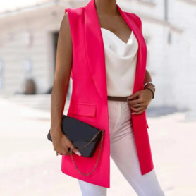 Summer Women Vest Sleeveless Single Button Flap Pockets Mid Length Fashion Solid Color Lapel Office Suit Waistcoat
