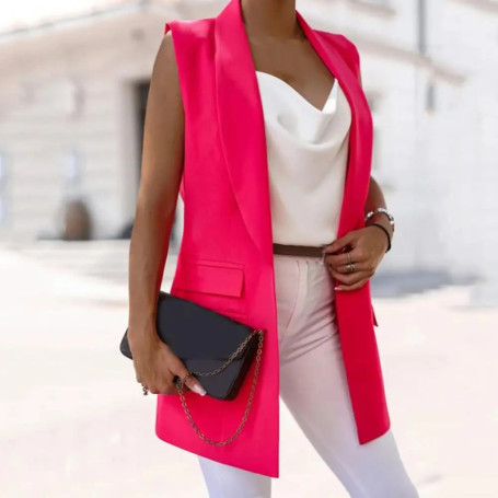 Summer Women Vest Sleeveless Single Button Flap Pockets Mid Length Fashion Solid Color Lapel Office Suit Waistcoat