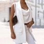 Summer Women Vest Sleeveless Single Button Flap Pockets Mid Length Fashion Solid Color Lapel Office Suit Waistcoat
