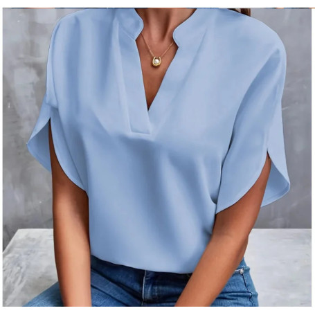 Summer Elegant Women's Blouse New V-neck Short Sleeve Solid Color Loose Shirt Casual White Tops Office Lady Blouses