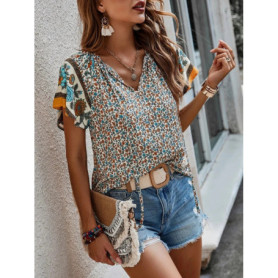 Summer Floral Print Blouses For Women Fashion V Neck Short Sleeve Boho Beach Casual Tops Female Elegant Shirt New Womenes