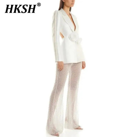 HKSH Autumn New Women Sexy Chic Hollow Out Embroidered Flares Three-dimensional Flower Blazer Pearl Mesh Sheer Long Pants HK6147