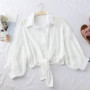 Chiffon Shirts Women 2025 Summer Half Sleeve Buttoned Up Shirt Loose Casual Blouse Tie Waist Elegant Blouses for Women