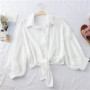 Chiffon Shirts Women 2025 Summer Half Sleeve Buttoned Up Shirt Loose Casual Blouse Tie Waist Elegant Blouses for Women