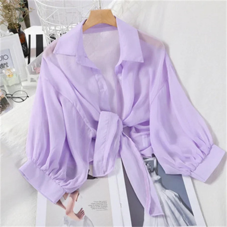 Chiffon Shirts Women 2025 Summer Half Sleeve Buttoned Up Shirt Loose Casual Blouse Tie Waist Elegant Blouses for Women