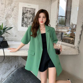 Korean Women Leisure Short Sleeved Suit Coat Summer Female Fashion Blazer Jacket Ladies Solid Color Mid Length Version Outerwear