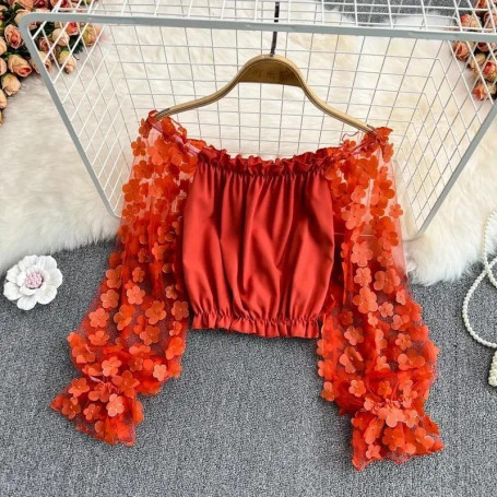 Off Shoulder Sexy Lace Blouses Women 2025 Spring Summer Korean Fashion Long Sleeve Tops Slim Flower Transparent Chiffon Shirts