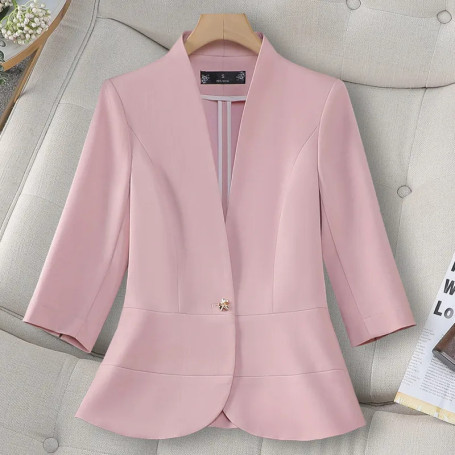 NAVIU Women's Pink Apricot Black Casual Blazer Half Sleeve Single Button Slim Fit Jacket for Spring Summer Fashion Formal Coat