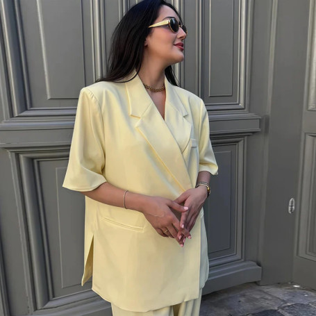 Women's Suit Jackets Loose Lapel One Button Short Sleeve Blazers 2025 Summer Elegant Lady Office Outwear Street