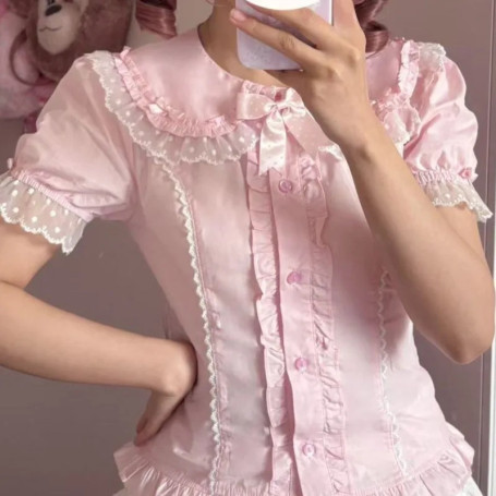Matakawa Ruffles Blouses Spring Summer Japanese Style Puff Sleeve Fashion Women Shirts Retro Sweet Peter Pan Collar Blusas Mujer