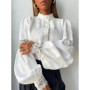 White Lace Blouses Women Elegant Solid Casual Lace and Button Hook Flower Hollow Puff Sleeves Blouse Top Lady Office Shirts
