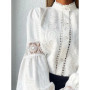 White Lace Blouses Women Elegant Solid Casual Lace and Button Hook Flower Hollow Puff Sleeves Blouse Top Lady Office Shirts