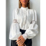 White Lace Blouses Women Elegant Solid Casual Lace and Button Hook Flower Hollow Puff Sleeves Blouse Top Lady Office Shirts