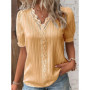 Women's Summer New Top Solid Sexy V-Neck Hollow Short Sleeve Shirt Fashion Splice Plus Size Blouse Loose Street Apparel