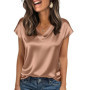 Summer New Silk Women T-Shirt V Neck Short Sleeve Satin Tops Loose Tee Female Casual T Shirts Solid Color Pullover