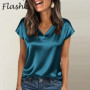 Summer New Silk Women T-Shirt V Neck Short Sleeve Satin Tops Loose Tee Female Casual T Shirts Solid Color Pullover