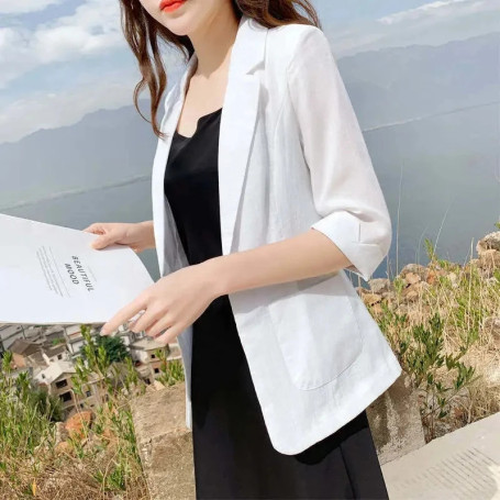 Linen Small Suit Women's Jacket Thin Blazer Coat 2026 Summer Cotton Linen Sunscreen Clothing Korean Casual Blazers Coat Tops 5XL