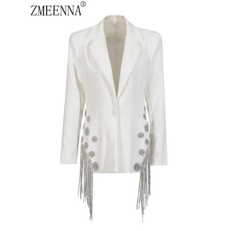ZMEENNA White Blazer Notched Collar Single Button Patchwork Metal Tassel Jackets For Women 2025 Spring Fashion New Coats ZM628