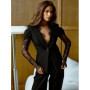 JULISSA MO Sexy Deep V-neck Sheer Lace Women Blazer Black Long Sleeve Patchwork Single Button Coat Slim Elegant Party Streetwear