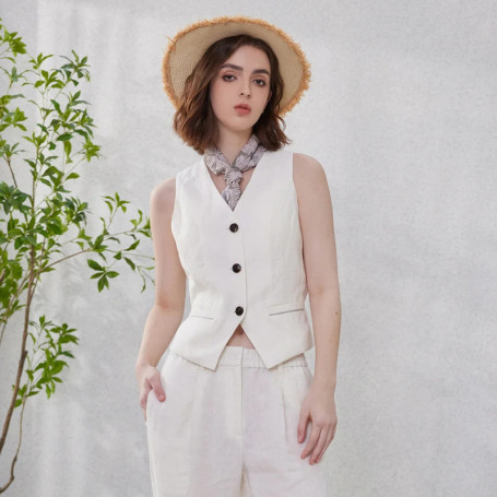 K2169W luxury womens clothing ladies waistcoat vest 100 linen clothes white