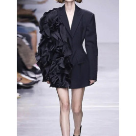 Retro solid color irregular long-sleeved blazer 2025 autumn new stitching mesh ruffled lapels slim slimming fashion blouse.