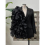 Retro solid color irregular long-sleeved blazer 2025 autumn new stitching mesh ruffled lapels slim slimming fashion blouse.