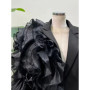 Retro solid color irregular long-sleeved blazer 2025 autumn new stitching mesh ruffled lapels slim slimming fashion blouse.
