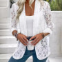 Women Shirt Jacket Spring Summer White Lace Hollow Out Solid Open Stitch Blazers Outdoor Jackets Lightweight Office Ladies Coat