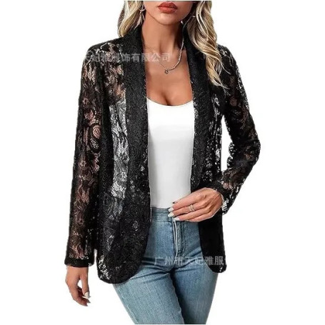 Women Shirt Jacket Spring Summer White Lace Hollow Out Solid Open Stitch Blazers Outdoor Jackets Lightweight Office Ladies Coat