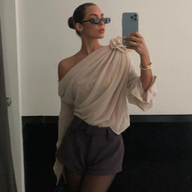 Women Sexy Off Shoulder Chiffon Blouse Elegant Irregular Oblique-Neck 3D Flower Shirts Female Fashion Streetwear Party Mesh Tops