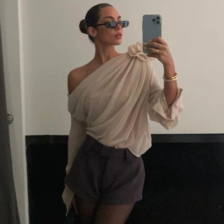 Women Sexy Off Shoulder Chiffon Blouse Elegant Irregular Oblique-Neck 3D Flower Shirts Female Fashion Streetwear Party Mesh Tops