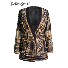 TWOTWINSTYLE High Street Blazer For Women V Neck Long Sleeve Embroidered Flares Colorblock Blazers Female Clothing Fashion Style