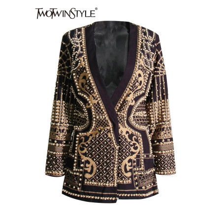 TWOTWINSTYLE High Street Blazer For Women V Neck Long Sleeve Embroidered Flares Colorblock Blazers Female Clothing Fashion Style